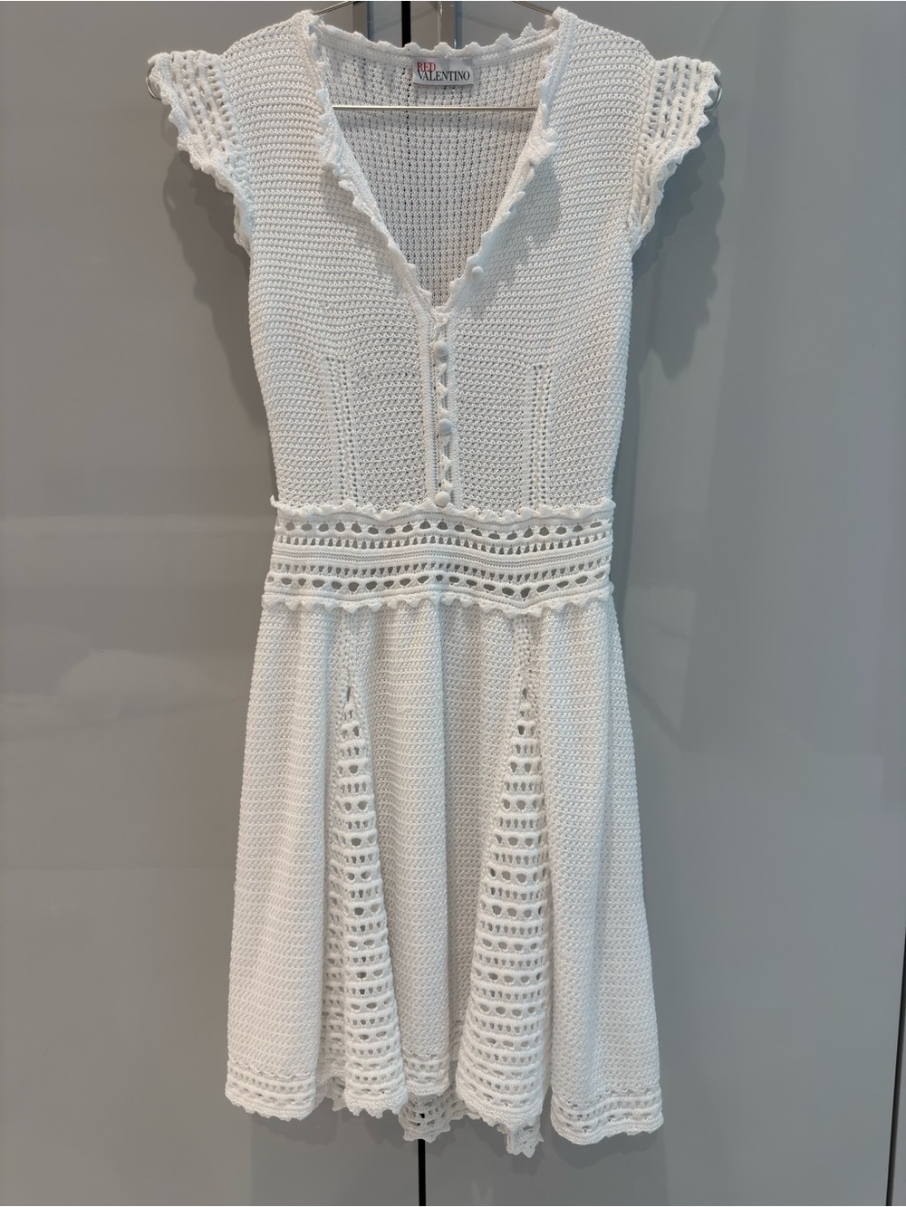 Red Valentino White Crochet Mini Dress with V-Neck
